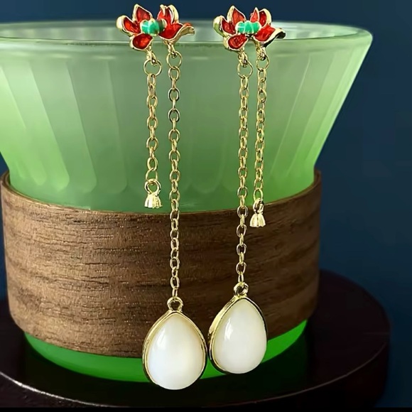 LOTUS FLOWER EARRINGS W GOLD ENAMEL AND WHITE WATER DROPLET - Picture 1 of 5